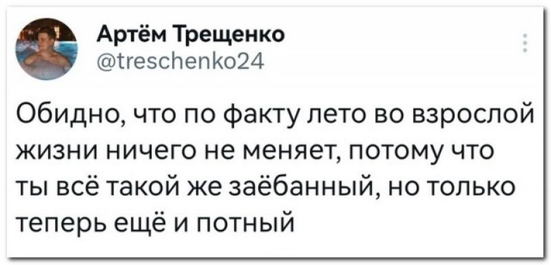 Артём Трещеико геэспепКоЩХ Обидно что по факту лето во взрослой жизни ничего не меняет потому что ты всё такой же заёбанный но только теперь ещё и потный