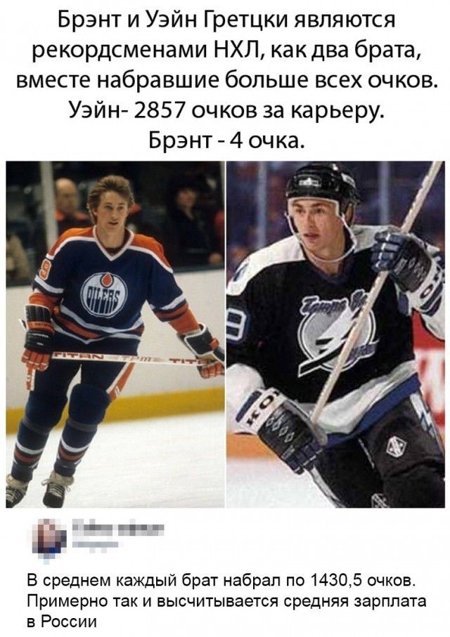 Брзнт и Уэйн Гретцки являются рекордсменами НХЛ как два брата вместе набравшие больше всех очков Уэйн 2857 очков за карьеру Брент 4 очка в среднем каждый брат набрал по 14305 очков Примерно так и высчитыватя средняя зарплата в России