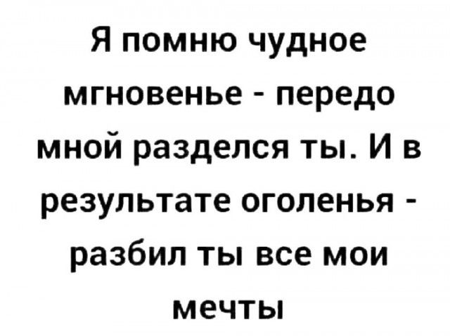 Я помню чудное мгновенье передо мной разделся ты И в результате оголенья разбил ты все мои мечты