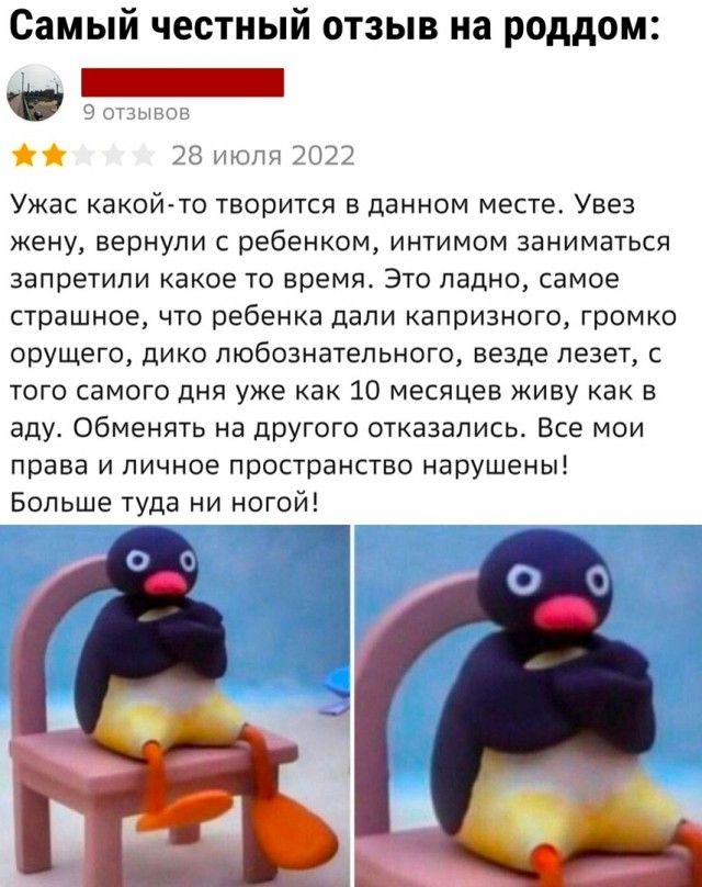 Самый честный отзыв на роддом _ Ужас какойгто творится в данном месте Увеэ жену вернули ребенком иитимсм заниматься запретили какое то время ЭТО ладно самое страшное что ребенка дали капризного громко орущего дико любознательного везде лезет с того самого дня уже как 10 месяцев живу как в аду Обменять на другого отказались Все мои права и личное пространство нарушены Больше туда ни ногой