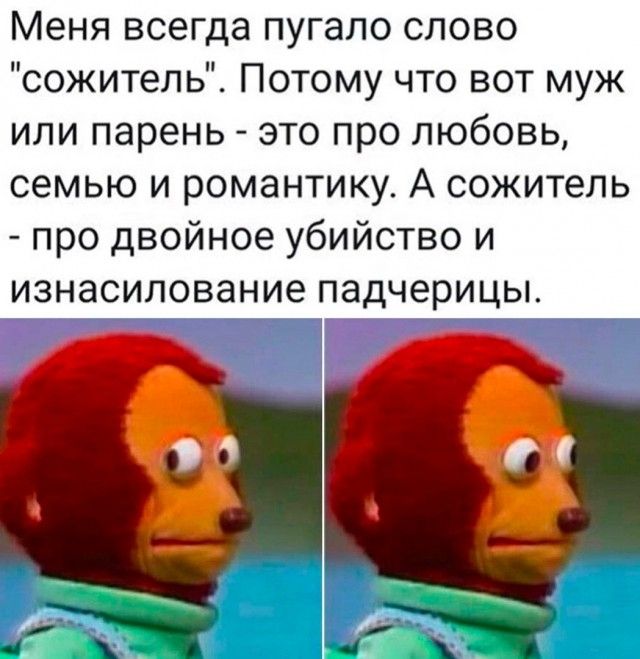 Меня всегда пугало слово сожитель Потому что вот муж или парень это про любовь семью и романтику А сожитель про двойное убийство и изнасилование падчерицы