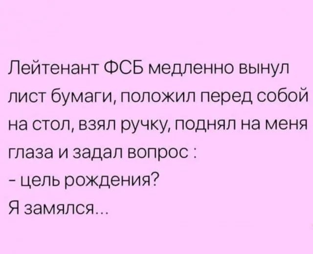 Лейтенант ФСБ медленно вынул лист бумаги положил перед собой на стол взял ручку поднял на меня глаза и задал вопрос цель рождения Я замяпся