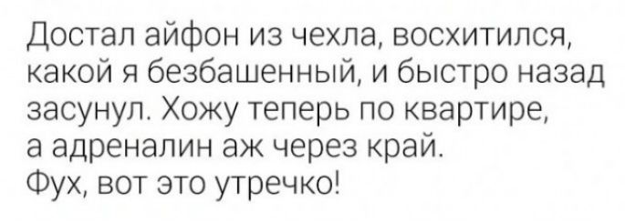 Достал айфон из чехла восхитился какой я безбашенный и быстро назад засунул Хожу теперь по квартире а адреналин ЭЖ через край Фух вот это утречка