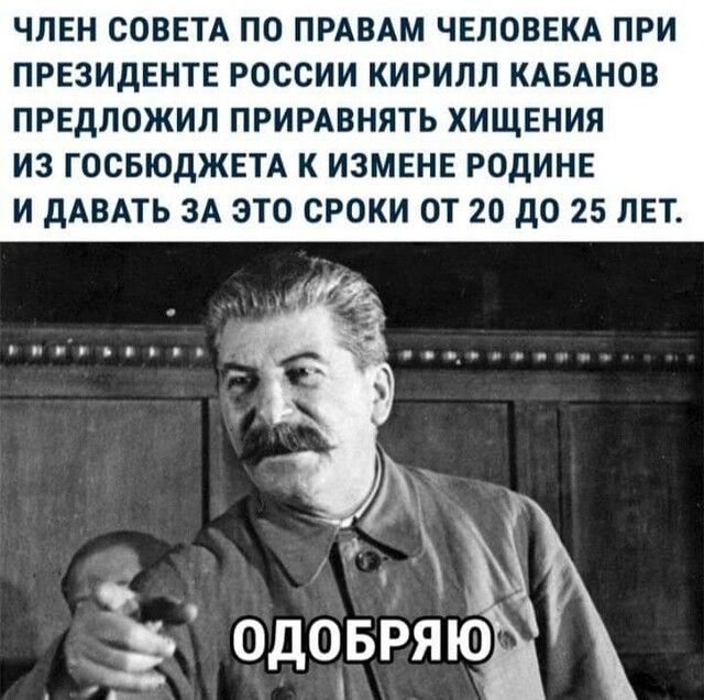 ЧЛЕН СОВЕТА ПО ПРАВАМ ЧЕЛОВЕКА ПРИ ПРЕЗИДЕНТЕ РОССИИ КИРИЛЛ КАБАНОЕ ПРЕДЛОЖИЛ ПРИРАВНЯТЬ ХИЩЕНИЯ ИЗ ГОСБЮДЖЕТА К ИЗМЕНЕ РОДИНЕ И дАВАТЬ ЗА ЭТО СРОКИ ОТ 20 до 25 ЛЕТ