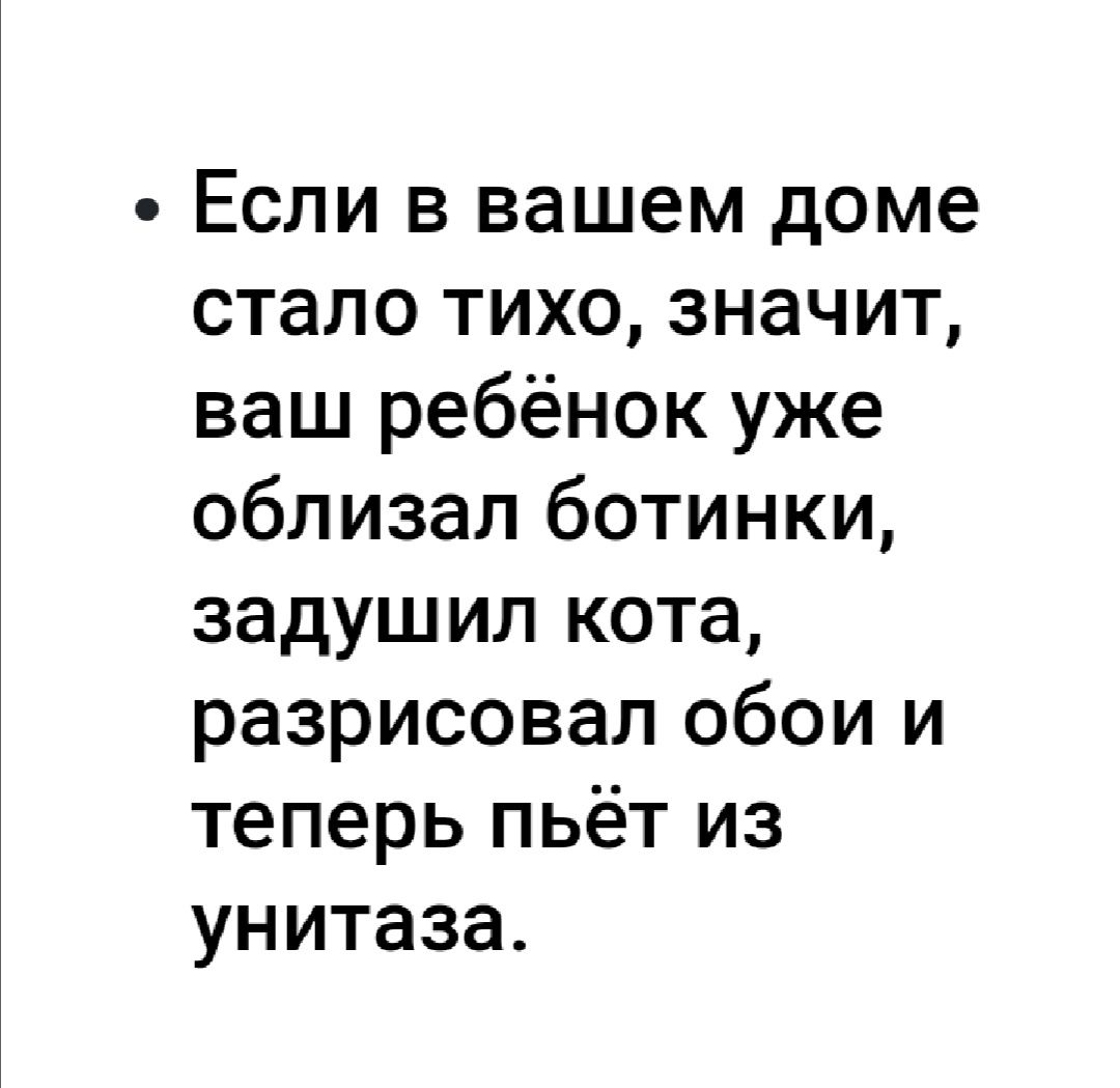 Если в вашем доме стало тихо значит ваш ребёнок уже облизал ботинки задушил кота разрисовал обои и теперь пьёт из унитаза