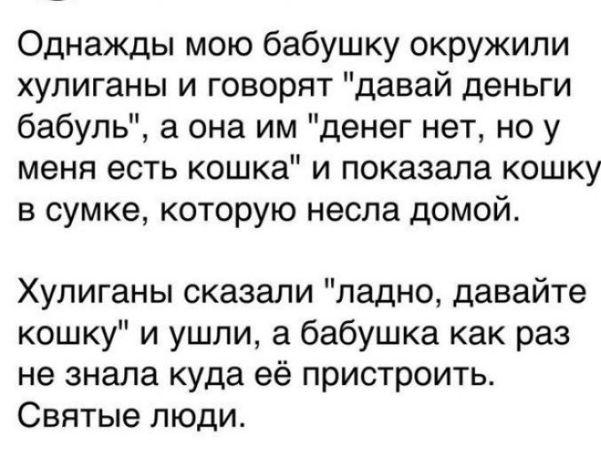 Однажды мою бабушку окружили хупиганы и говорят давай деньги бабуль а она им денег нет но у меня есть кошка и показала кошку в сумке которую несла домой Хулиганы сказали ладно давайте кошку и ушли а бабушка как раз не знала куда её пристроить Святые люди