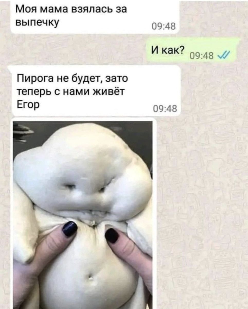 Моя мама взялась за выпечку 09 48 И в 0948 Пирога не будет зато теперь с нами живёт Егор 09 48