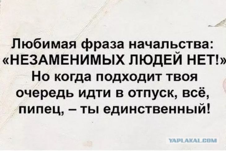 Любимая фраза началества НЕЗАМЕНИМЫХ ПЮДЕИ НЕТ Но когда подходит твоя очередь идти в отпуск всё пипец ты единственный