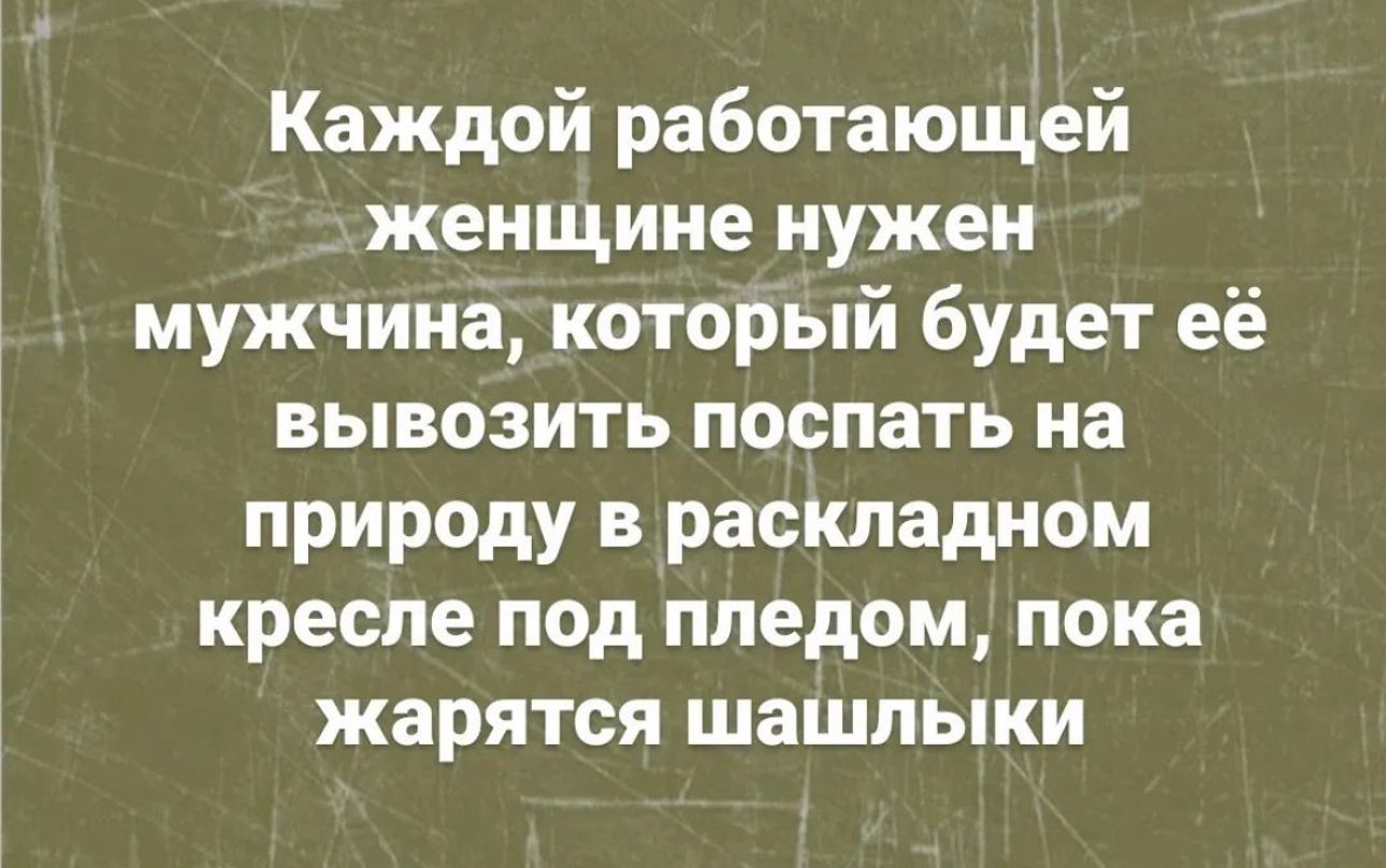 Каждой работающей женщине нужен мужчина который будет её вывозить поспать на природу в раскладном кресле под пледом пока жарятся шашлыки