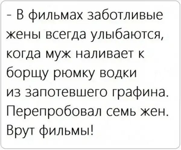 В фильмах заботливые жены всегда улыбаются когда муж наливает К борщу рюмку водки из запотевшего графина Перепробовал семь жен Врут фильмы