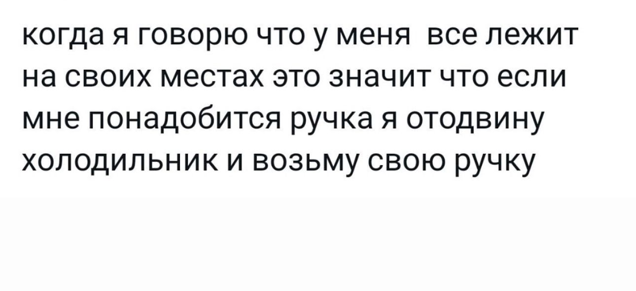 КОГДЭ Я ГОВОРЮ ЧТО У меня все ЛЕЖИТ На СВОИХ местах ЭТО ЗНЗЧИТ ЧТО если МНЕ понадобится ручка Я ОТОДВИНУ ХОЛОДИЛЬНИК И ВОЗЬМУ СВОЮ РУЧКУ