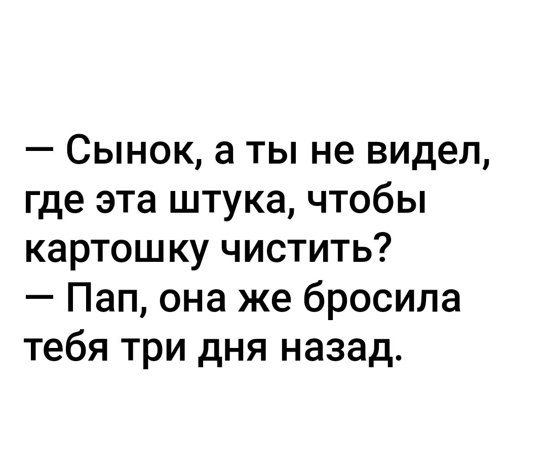 Сынок а ты не видел где эта штука чтобы картошку чистить Пап она же бросила тебя три дня назад