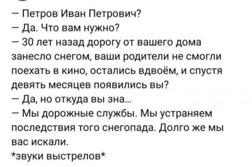 Петров Иван Петрович Да Что вам нужно 30 лет назад дорогу от вашего дома занесло снегом ваши родители не смогли ПОЕХЗТЬ В КИНО ОСТВПИСЬ ЕДЕВЁМ И СПУСТЯ девять месяцев появились вы Да но откуда вы зна Мы дорожные службы Мы устраняем последствия того снегопада Долго же мы Вас ИСКЗПИ 1звуки выстрелов