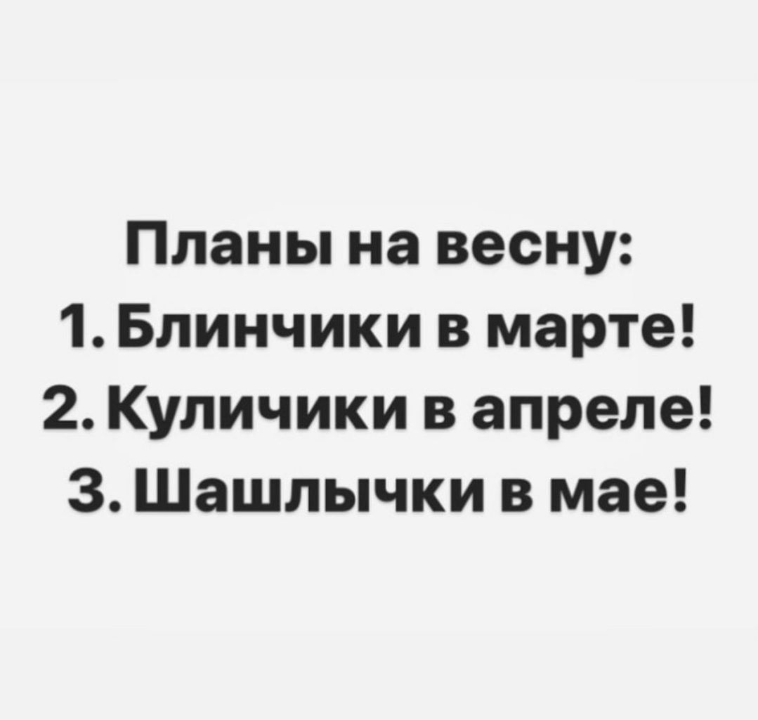 Планы на весну 1 Блинчики в марте 2 Куличики в апреле 3 Шашлычки в мае