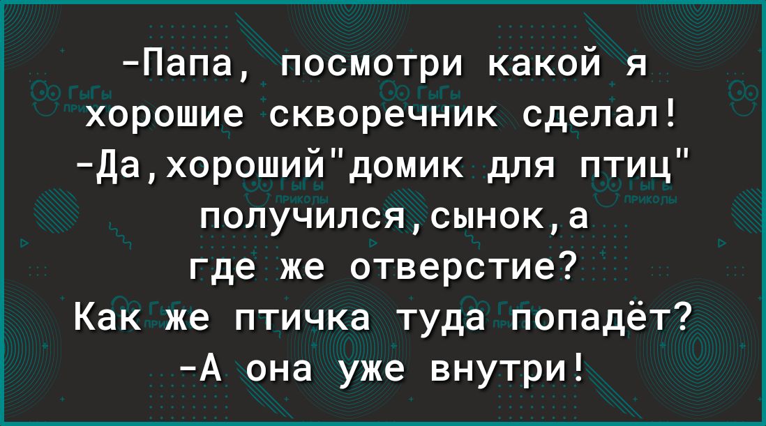 Папа посмотри какой я хорошие сквпречник сделал Дахорошийдомик для птиц получился сынок а где же отверстие Как же птичка туда попадёт А она уже внутри