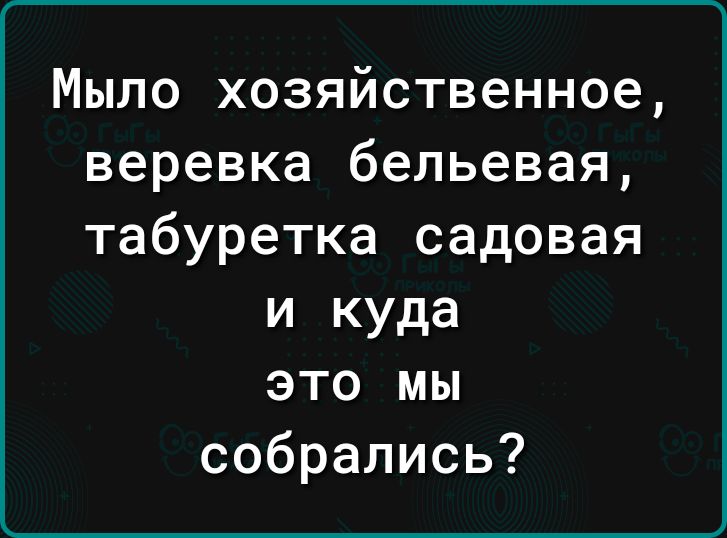 Мыло хозяйственное веревка бельевая табуретка садовая и куда это мы собрались