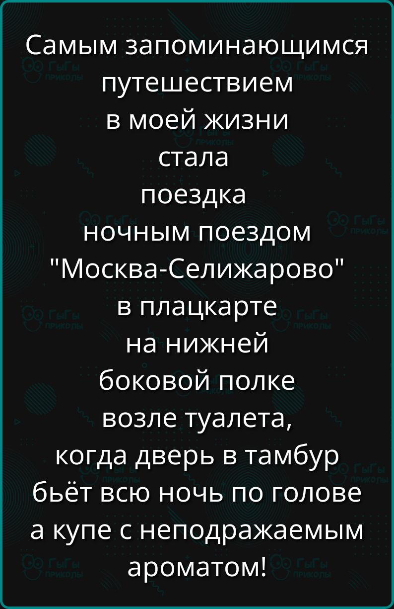 Самым запоминающимся путешествием в моей жизни стала поездка ночным поездом Москва Селижарово в плацкарте на нижней боковой полке возле туалета когда дверь в тамбур бьёт всю ночь по голове а купе с неподражаемым ароматом