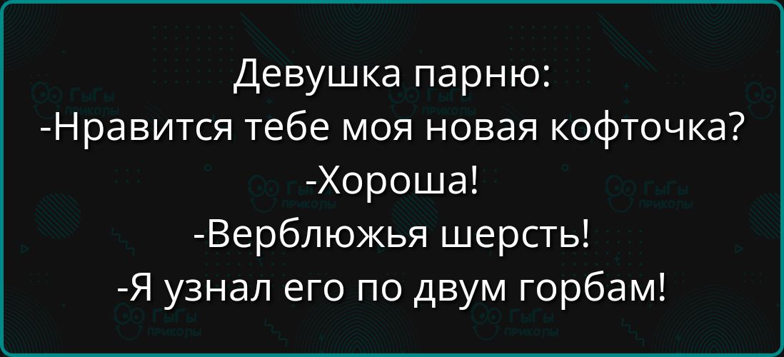 Девушка парню Нравится тебе моя новая кофточка Хороша Верблюжья шерсть Я узнал его по двум горбам