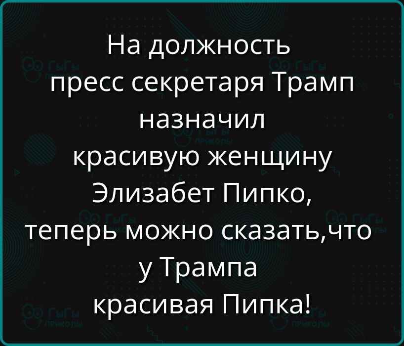 На должность пресс секретаря Трамп назначил красивую женщину Элизабет Пипко теперь можно сказатьчто у Трампа красивая Пипка