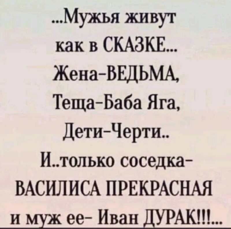 Мужья живут как в СКАЗКЕ ЖенаВЕДЬМА ТещаБаба Яга Дети Черт Итопько соседка ВАСИЛИСА ПРЕКРАСНАЯ и ее Иван Акт