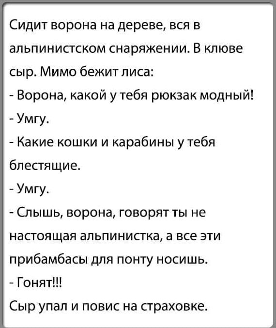 Сидит ворона на дереве вся в апьпинисгском снаряжении В клюве сыр Мимо бежит лиса Ворона какой у тебя рюкзак модный Умгу Какие кошки и карабины у тебя блестящие Умгу Слышь ворона говорят ты не настоящая апьпинисгка а все эти прибамбасы для понту носишь Гонят Сыр упал И ПОВИС на страховке