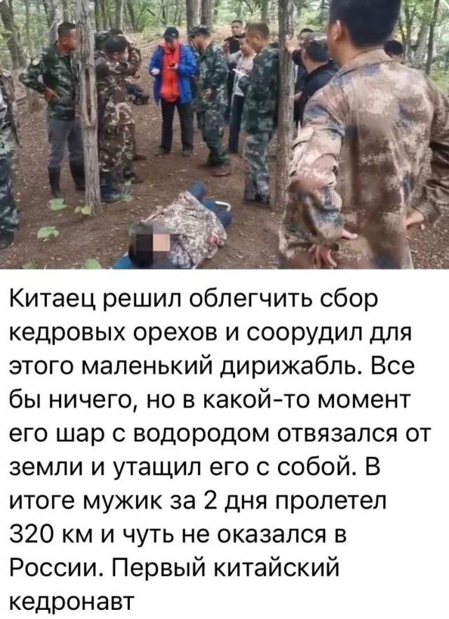 Китаец решил облегчить сбор кедровых орехов и соорудил для этого маленький дирижабль Все бы ничего но в какой то момент его шар водородом отвязапся от земли и утащил его с собой В итоге мужик за 2 дня пролетел 320 км и чуть не оказался в России Первый китайский кедронавт