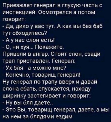 Приезжает генерал в глухую часть с инспекцией Осмотрелся а потом говорит Да дико у вас тут А как вы без баб тут обходитесь А у нас слон есть 0 ни хуя Покажите Привели в ангар Стоит слон сзади трап приставлен Генерал Ух бля а можно мне Конечно товарищ генерал Ну генерал по трапу вверх и давай слона ебать спускается находу ширинку застегивает и говорит Ну вы бля даете Это Вы товарищ генерал даете а 