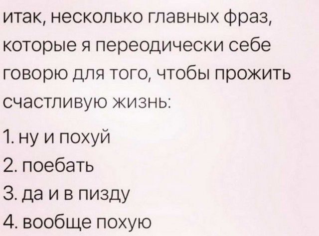 итак несколько главных фраз которые я переодически себе говорю для того чтобы прожить счастливую жизнь 1 ну и похуй 2 поебать 3 да и в пизду 4 вообще похую