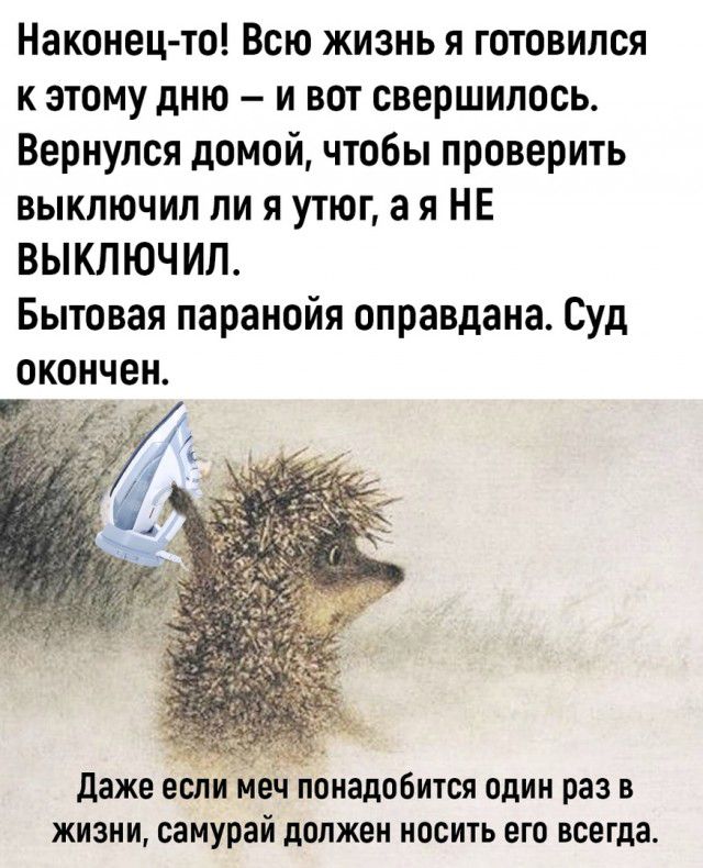 Наконец то Всю жизнь я готовился к этому дню и вот свершилось Вернулся домой чтобы проверить выключил ли я утюг а я НЕ ВЫКЛЮЧ ИЛ Бытовая паранойя оправдана Суд окончен даже если неч понадобится один раз в жизни самурай должен носить его всегда