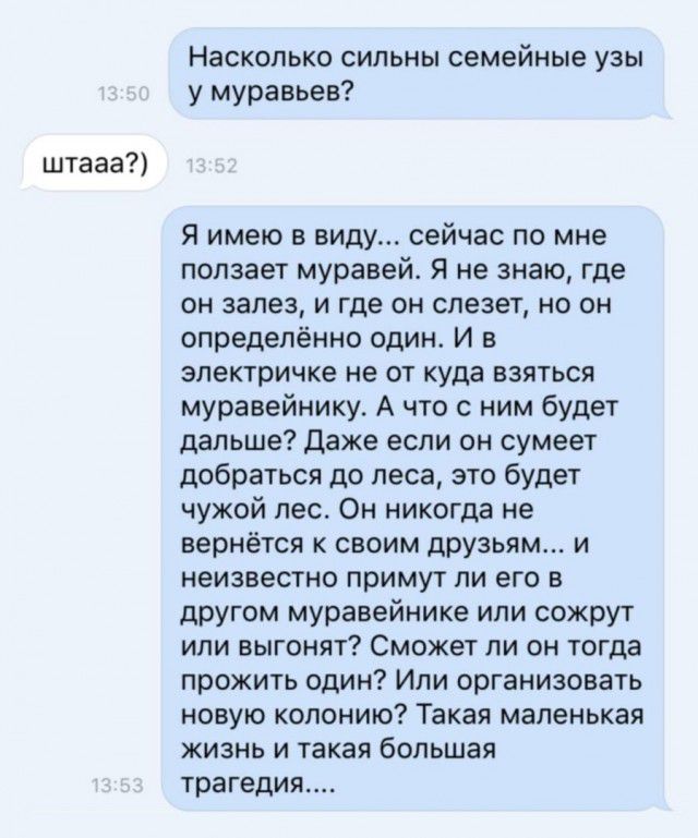 штааа Насколько сильны семейные узы у муравьев Я имею в виду сейчас по мне ползает муравей Я не знаю где он залез и где он слезет но он определенно один и в электричке не ОТ Куда ВЗЯТЬСЯ муравейнику А что с ним будет дальше даже если он сумеет добраться до леса это будет чужой лес Он никогда не вернётся своим друзьям и неизвестно примут ли его в другом муравейнике или сожрут или выгонят Сможет ли 