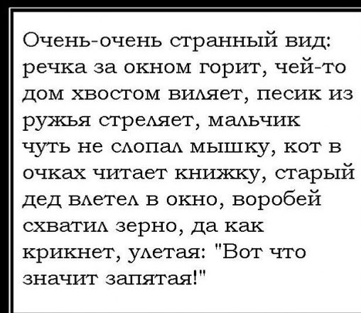 Оченьйочень странный вид речка за окном горит чейчто дом хвостом вишет песик из ружья сгрешет мальчик чуть не САопаА мышку кот в очках читает книжку старый дед ВАетеА в окно воробей СХВВГИА зерно да как крикнет уАетая Вот что значит запятая