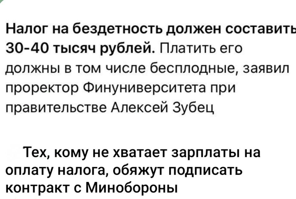 Налог на бездетность должен составить 30 40 тысяч рублей Платить его должны в том числе бесплодные заявил проректор Финуниверситета при правительстве Алексей Зубец Тех кому не хватает зарплаты на оплату налога обяжут подписать контракт с Минобороны