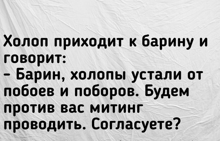 Холоп приходит к барину и говорит:
- Барин, холопы устали от побоев и поборов. Будем против вас митинг проводить. Согласуете?