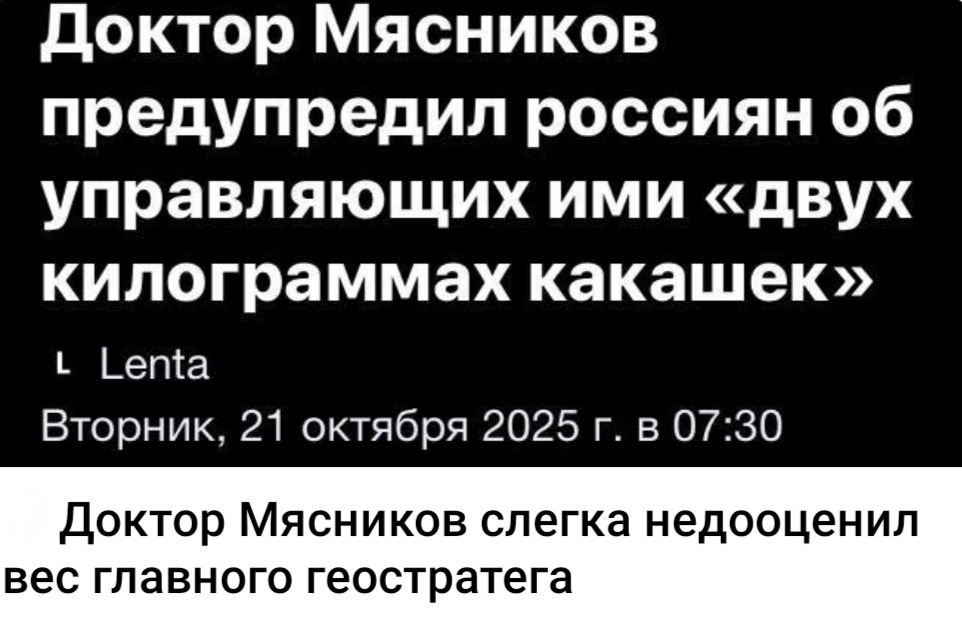 Доктор Мясников предупредил россиян об управляющих ими «двух килограммах какашек»
Lenta
Вторник, 21 октября 2025 г. в 07:30
Доктор Мясников слегка недооценил вес главного геостратега