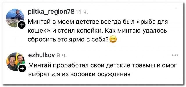 Минтай в моем детстве всегда был «рыба для кошек» и стоил копейки. Как минтай удалось сбросить это ярмо с себя? 😁 Минтай проработал свои детские травмы и смог выбраться из воронки осуждения