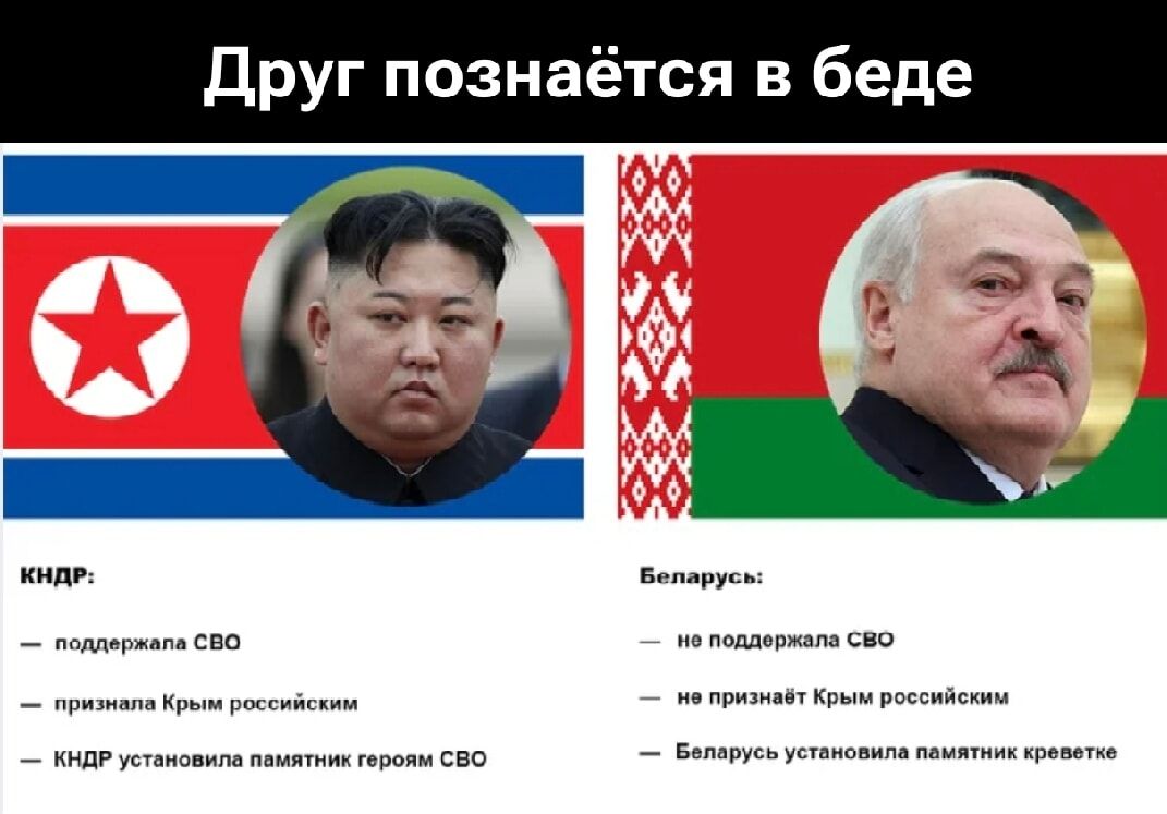 Друг познаётся в беде КНДР: - поддержала СВО - признала Крым российским - КНДР установила памятник героям СВО Беларусь: - не поддержала СВО - не признаёт Крым российским - Беларусь установила памятник креветке