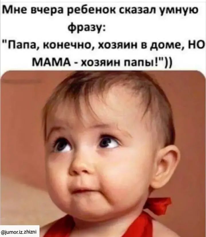 Мне вчера ребенок сказал умную Фразу Папа конечно хозяин в доме НО МАМА хозяин папы