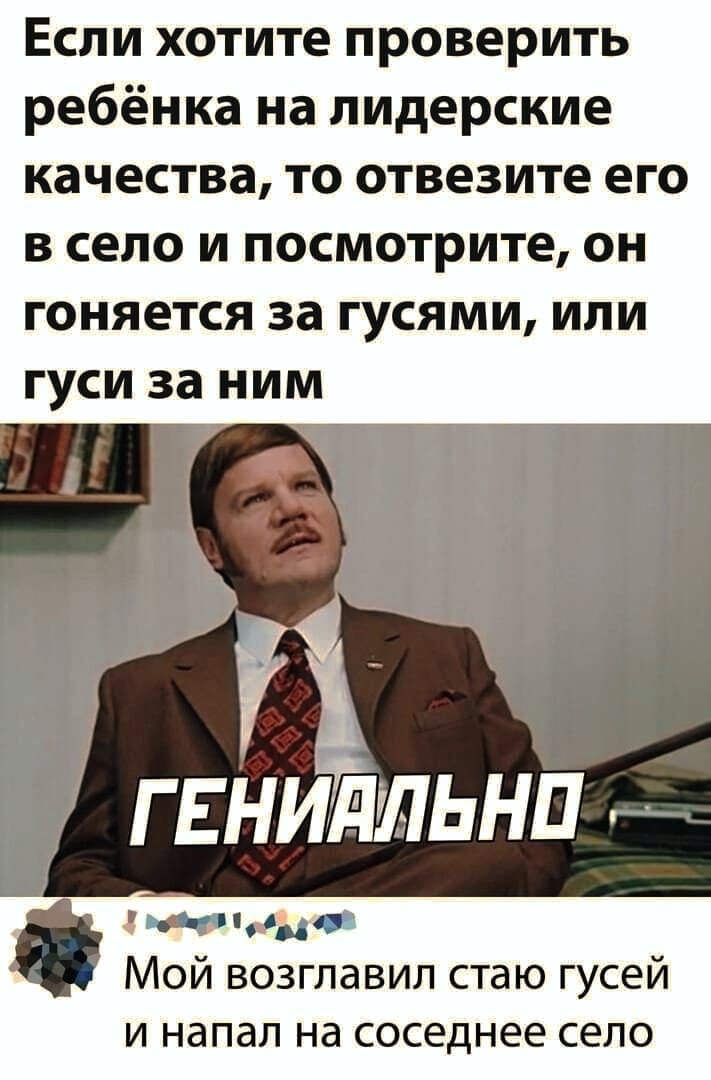 Если хотите проверить ребёнка на лидерские качества то отвезите его В село И ПОСМОТРИТЕ ОН гоняется за ГУСЯМИ ИЛИ ГУСИ за НИМ 71 Г ЕНИдЛЬНП мня миа Мой возглавил стаю гусей И напал на соседнее СЕЛО