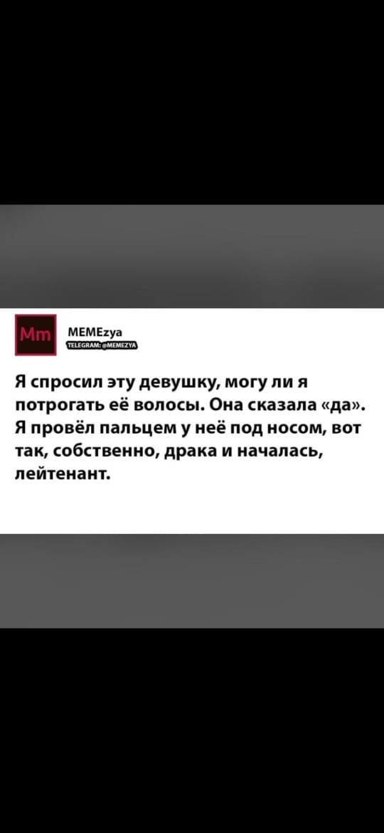 м мемнуа Я спросил эту девушку могу ли я потрогать её волосы Она сказала да Я провёл пальцем у неё под носом вот так собственно драка и началась лейтенант