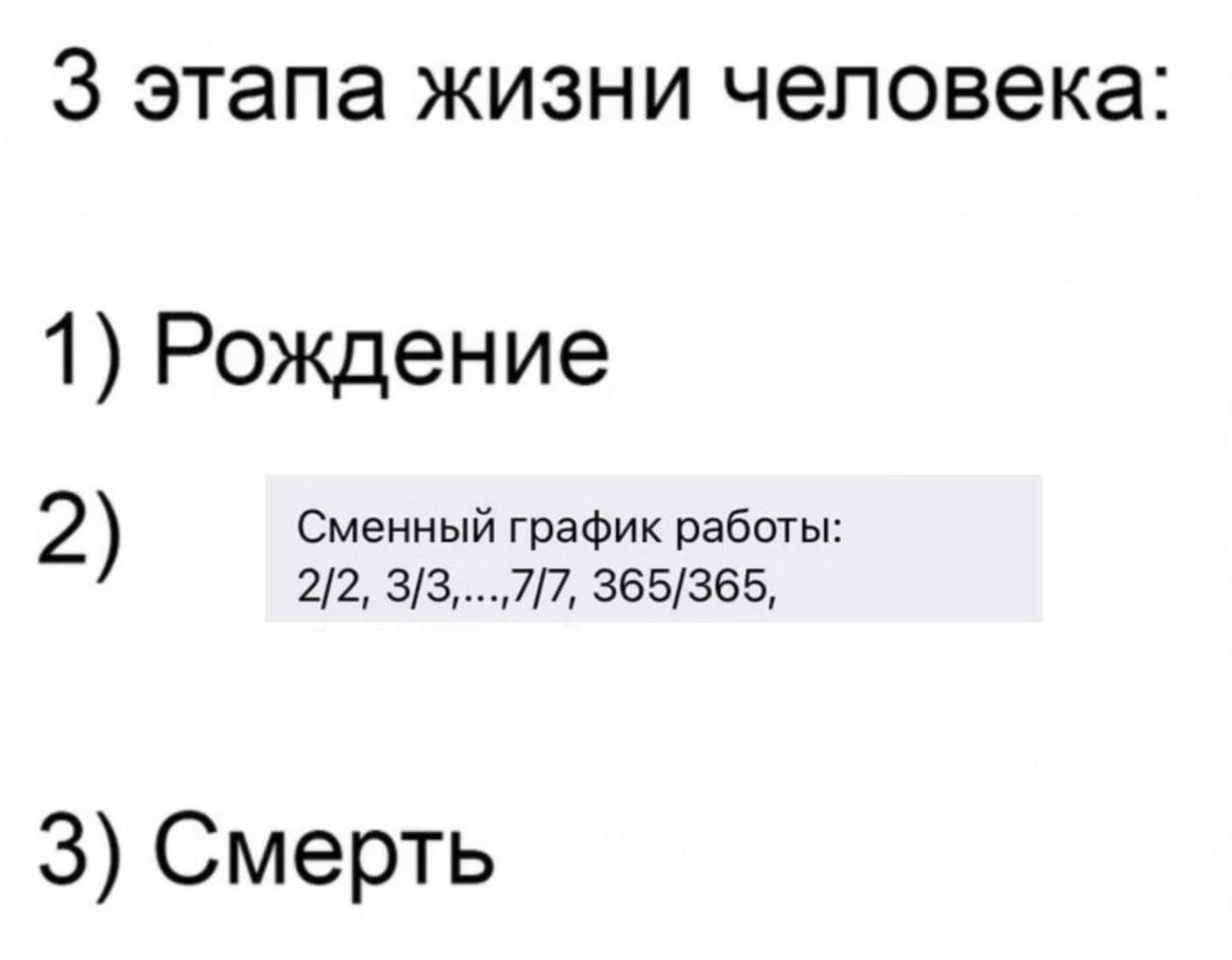 3 этапа ЖИЗНИ человека 1 Рождение 2 Сменный график работы 22 ЗЗ__77 365365 3 Смерть