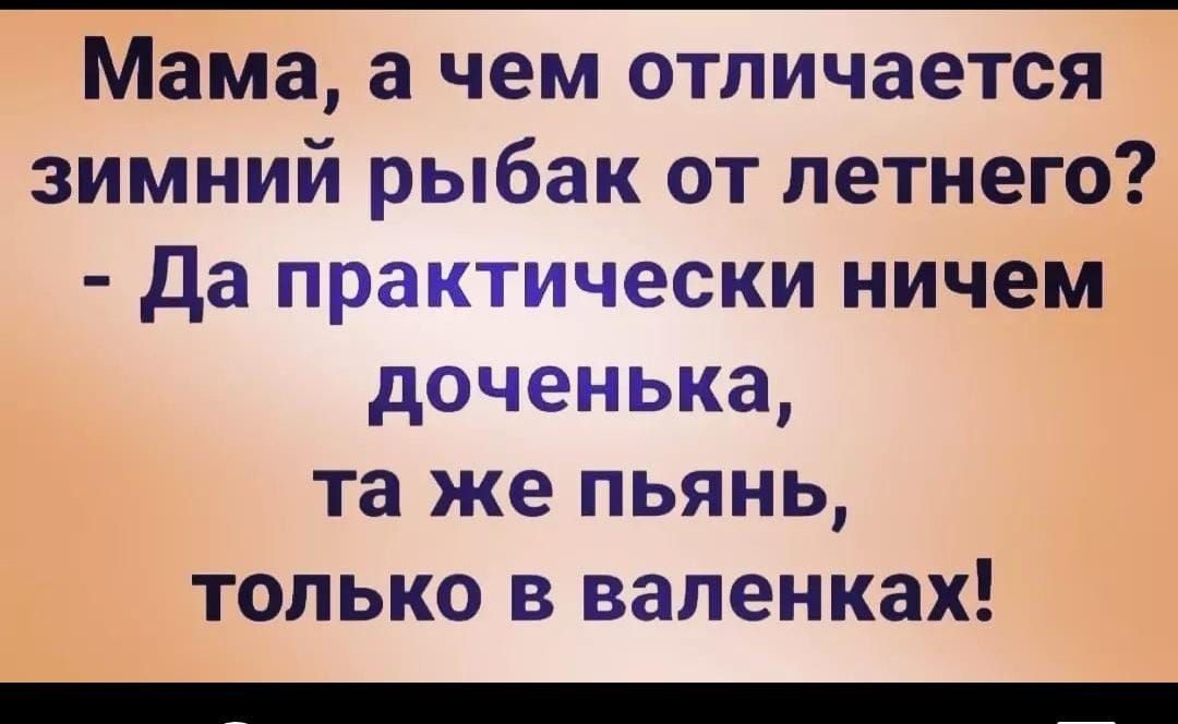 Мама а чем отличается зимний рыбак от летнего да практически ничем доченька та же пьянь только в валенках