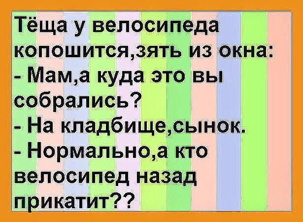 Тёща у велосипеда копошится3ять из окна Мама куда это вы собрались На кладбищесынок Нормальноа кто велосипед назад дрикатит