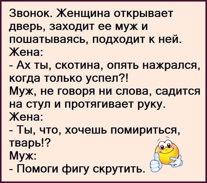 Звонок Женщина открывает дверь заходит ее муж и пошатываясь подходит к ней Жена Ах ты скотина опять нажрался когда только успел Муж не говоря ни слова садится на стул и протягивает руку Жена Ты что хочешь помириться тварь Муж А Помоги фигу скрутить