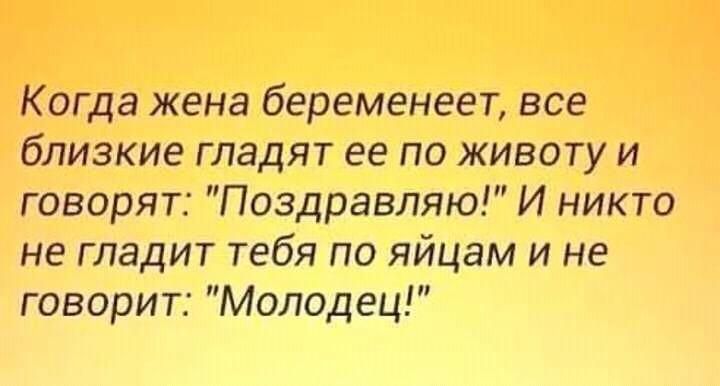 Когда жена беременеет все близкие гладят ее по животу и говорят Поздравляю И никто не гладит тебя по яйцам и не говорит Молодец