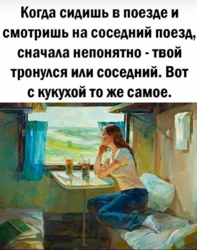 Когда сидишь в поезде и смотришь на соседний поезд сначада непонятно твой тронулся или соседний Вот с кукухой то же самое
