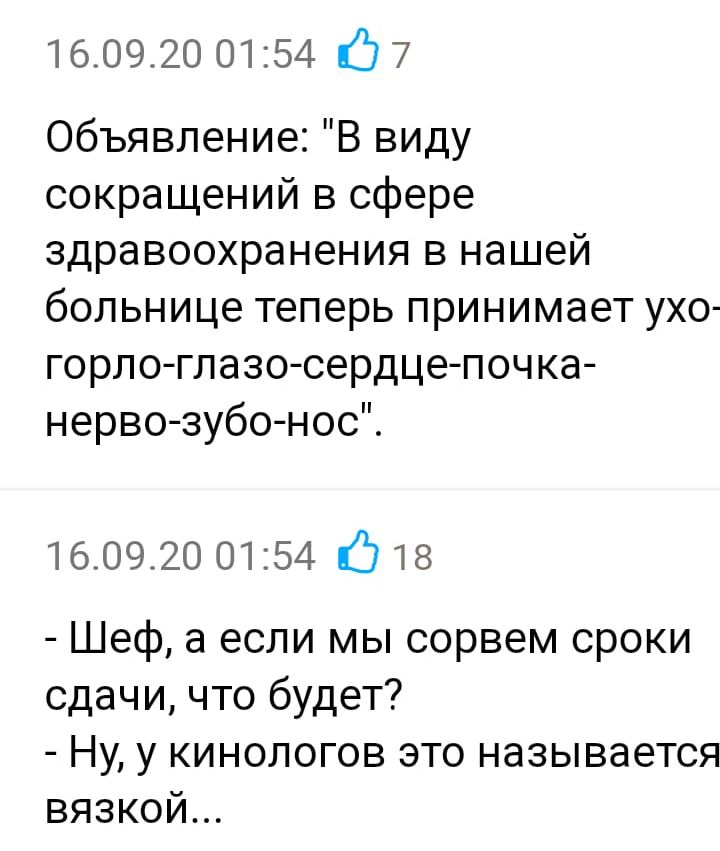 160920 0154 17 7 Объявление В виду сокращений в сфере здравоохранения в нашей больнице теперь принимает ухо горло глазоюердце почка нерво зубо нос 16 0920 01154 О 18 Шеф а если мы сорвем сроки сдачи что будет Ну у кинологов это называется вязкой