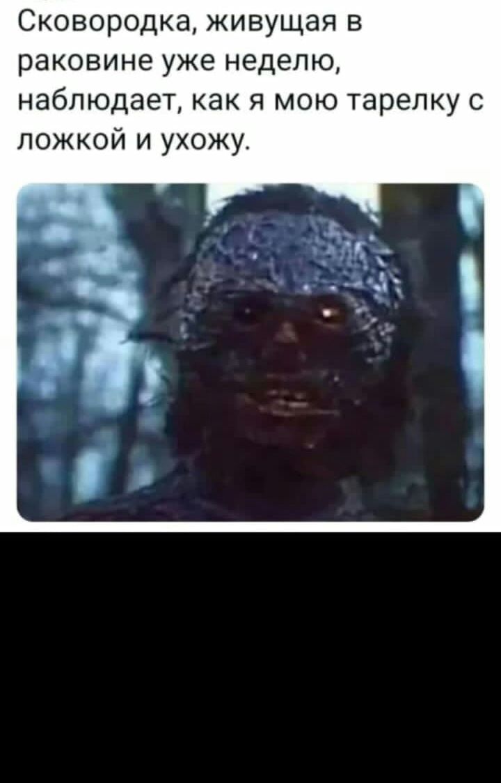 Сковородка живущая в раковине уже неделю наблюдает как я мою тарелку с ложкой и ухожу