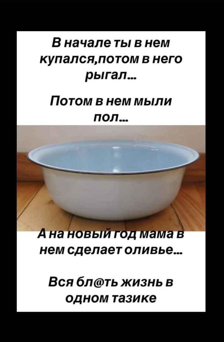 В начале ты в нем купалсяпотом в него рыгал Потом в нем мыли пол Ана овьма Ё нем сделает оливье Вся блть жизнь в одном тазике