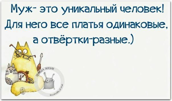 Муж это ууникальный человек Для него все платья одинаковые а отвёртки разные