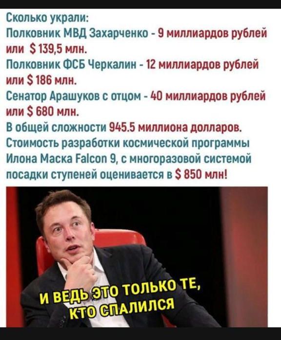 Сколько украли Полковник МВД Захарченко 9 миллиардов рублей или 1395 млн Полковник ФСБ Черкалин 12 миллиардов рублей или 186 млн Сенатор Арашуков с отцом 0 миллиардов рублей или 680 млн В общей сложности 9455 миллиона долларов Стоимость разработки космической программы Илона Маска Расоп 9 с многоразовой системой посадки ступеней оценивается в 850 м